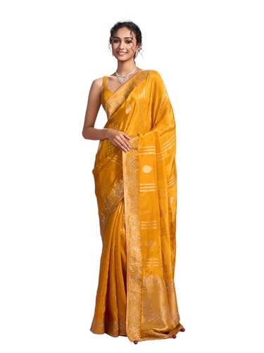 MOHEY Women's Art Silk Stone Work, Weave Saree with Blouse Piece(Mustard Yellow)