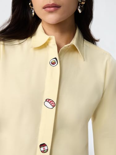The Souled Store Buttoned in Bento Women and Girls Full Sleeves Spread Collar Light Yellow Embroidered Cotton Slim Fit Comfortable Everyday Shirt for Casual Wear