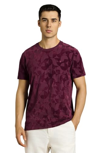 Men Purple Textured Crew Neck T-Shirt