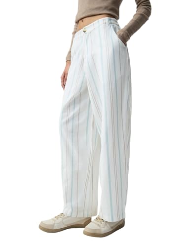 The Souled Store Cotton Linen Pants: Cruise Women Girls Elastic Waistband Off-White Striped Cotton Linen Blend Barrel Fit Lightweight Everyday Casual Pants