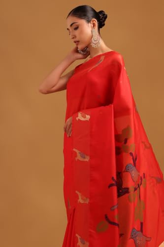 Soch Womens Red Tussar Zari Woven Bird Motifs Saree
