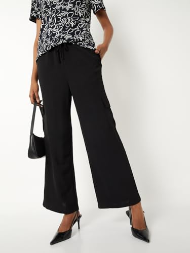 Max Women Solid Wide Leg Cargos (Black_XL)