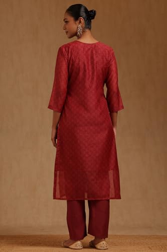 Soch Womens Deep Red Chanderi Embroidered Kurta Set With Mirror Work