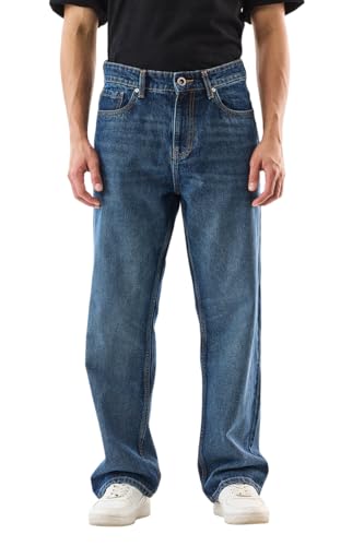 SNITCH Men Casual Jeans | Loose Fit Blue Mid Rise Stone-Wash Design | 100% Cotton Smooth Texture & Durable Stitching for Everyday Comfort & Style