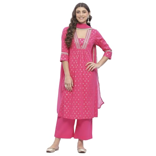 BIBA Women Cotton Printed Kurta Sets (SKDNAGMA10833SS25FUS_Fuchsia, XL