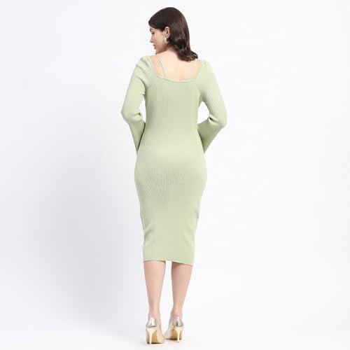 Madame Mint Green Knitted Midi Dress with Flounce Sleeves