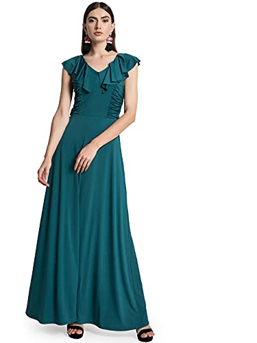 Kazo Women's Polyester A-Line Maxi Casual Dress (118812EVRGRNS_Dark Green_S)