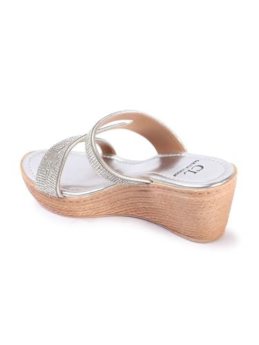 Carlton London Women Silver Comfortable Embellished Ethnic Sandal with Wedge Heels, Round Toe for Casual Use, Office and Daily Use (40)