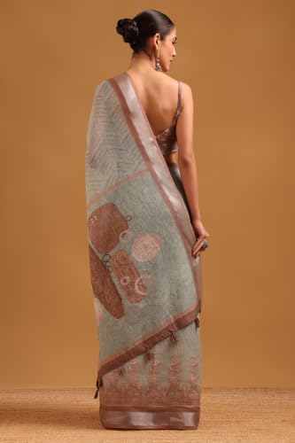 Soch Womens Olive Linen Digital Printed Botanical Machine Embroidered Saree