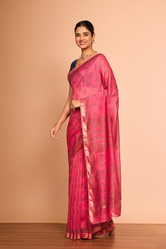 Taneira Women Pink Rajasthan Pure Silk Cotton Printed Sanganeri Saree with Unstitched Blouse Piece (SAPP01AC6737-Pink)