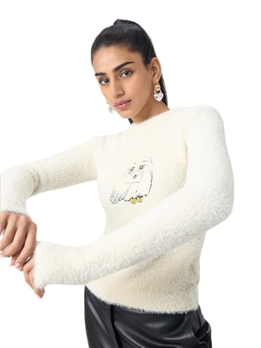 The Souled Store Harry Potter: Hedwig Women and Girls Full Sleeves Round Neck Off White Embroidered Nylon Regular Fit Soft Furry Casual Winter Pullover Sweaters