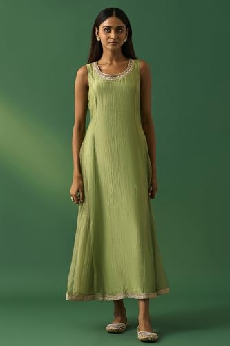 Wishful Women's Green Embroidered Anarkali Dress with Churidar and Dupatta Set - (SP12858-401187-L)