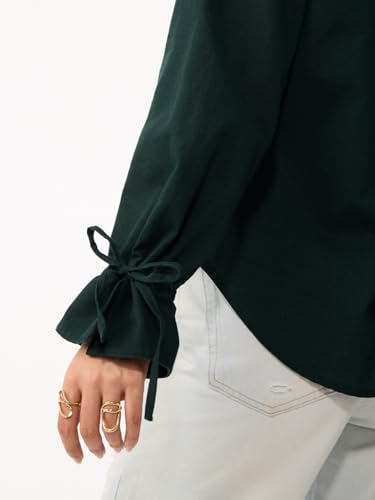 The Souled Store Myrtle Women and Girls Full Length Spread Collar Dark Green Solid Cotton Linen Regular Fit Breathable Lightweight All-Season Shirt for Casual