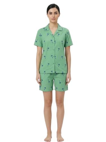 Freesia Array Women's Cotton Collared Short Sleeve Shirt and Shorts Set, Green with Palm Tree Print (XL)