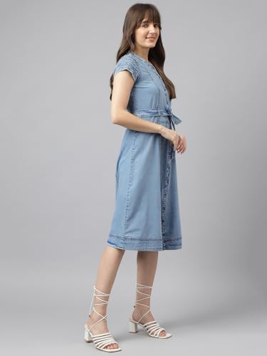 Latin Quarters Women Blue Cap Sleeve Casual Solid Dress_L