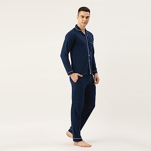 NITE FLITE Picasso Blue Mens Cotton Nightwear Full Sleeve | Top and Pyjama Set (Navy Blue, XXL)