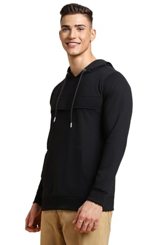 FOREVER 21 Men's Cotton Blend Hooded Neck Sweatshirt (FMA23CATF0005_Black