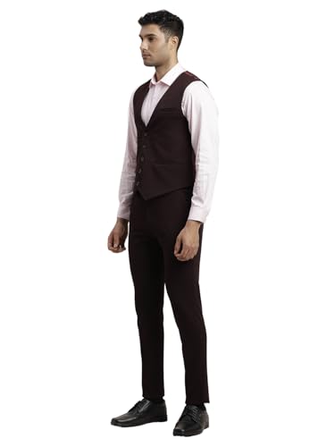 Turtle Men 100% Cotton Dobby Print Full Sleeve Three Piece Brown Formal Suit