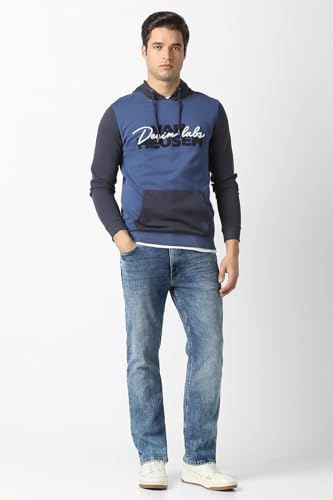 Men Blue Embroidered Hooded Neck Sweatshirt
