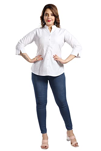 QUEEN SHIELD Women's Rayon Formal Shirt with Front Pleated & 3/4th Sleeves QS_4102 (in, Alpha, M, Regular, White)