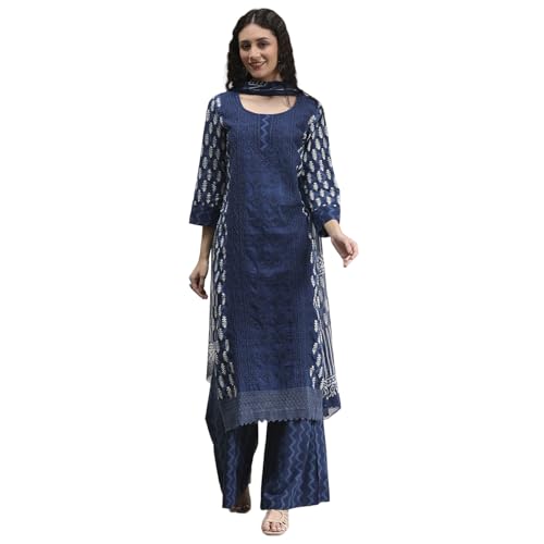 Biba Women Blue Cotton Hand Embroidered Unstitched Suit Set FREE SIZE