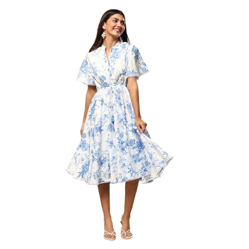 BIBA Women's Cotton Midi Dress (BLPOT3025SS25OWHTBLU_Off-White-Blue
