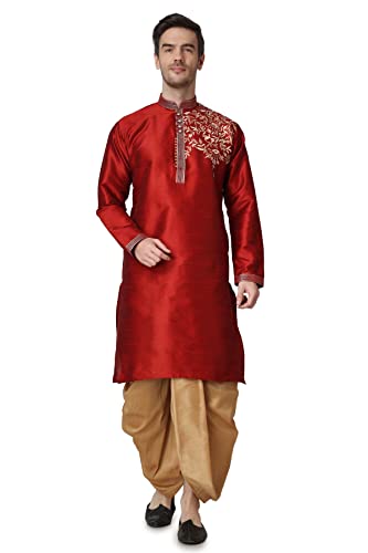 Royal Kurta Mens Silk Embroidered Kurta and Dhoti Maroon