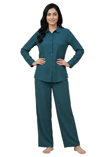 Zivame Mock Linen Woven Loungewear Set,Green