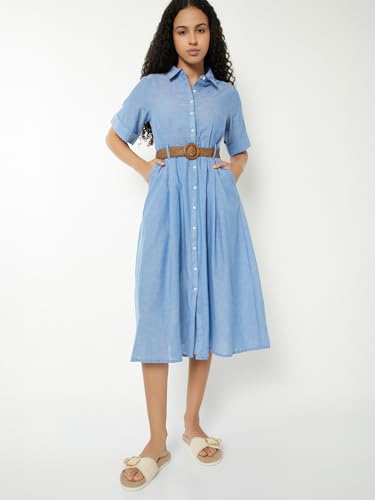 Max Women Solid A-line Shirt Dress with Belt (Blue_L)