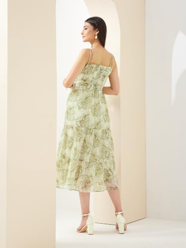 Latin Quarters Women Green Sweetheart Sleeveless A-Line Printed Casual Dress_S