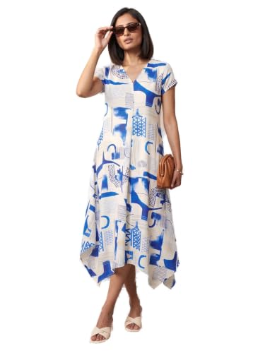 Max Women Printed Asymmetric Dress (White_M)