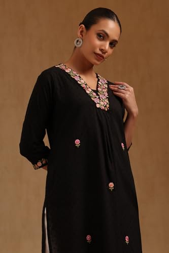 Soch Womens Black Cotton Dobby Embroidered Kurta with Thread Work