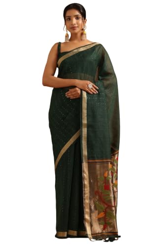 Soch Womens Green Tissue Woven Design Saree With Sequin