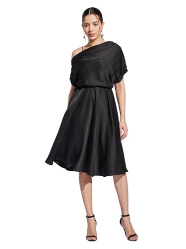 Latin Quarters Women Black One Shoulder Half Sleeves Solid Fit & Flare Dress