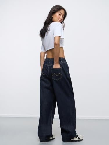 The Souled Store Barrel-Fit Denim: Indigo Blue Women Girls Elastic Back Waistband Solid Cotton Denim Wide Leg Relaxed Fit Lightweight Everyday Comfortable Jeans
