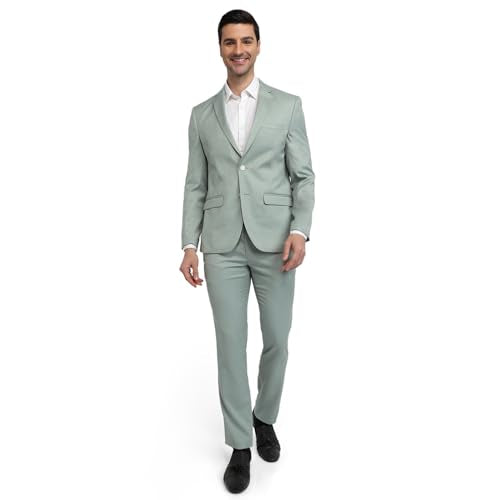 Park Avenue Men Slim Fit Structure Pattern Terry Rayon Blend Notch Lapel Full Sleeve Ceremonial Suit Green