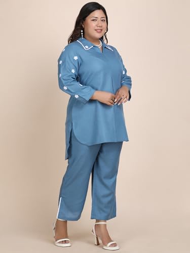 Bani Women Plus Size Blue Embroidered Co-ord Set with Collared Neck and Side Slit Pants | 2 Pec Out Fit Dress | Outerwear Dress