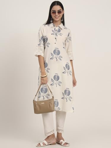 Divena Off White Floral Cotton A-Line Kurta (DBK1456)