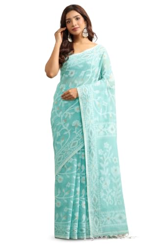 Soch Womens Turquoise Blue Cotton Jamdani Woven Saree