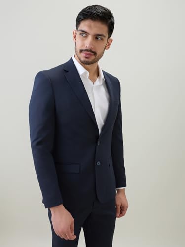 Raymond Men Contemporary Fit Solid Pattern Poly Viscose Blend Notch Lapel Full Sleeve Formal Suit Blue