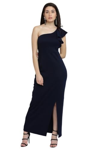 Miss Chase Women's Designer Navy Blue Solid Slitted One Shoulder Ruffled Maxi Dress with Zip Closure (MCAW17D10-37-71-04, Navy Blue, Medium)