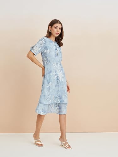 Latin Quarters Women's Blue Tie-Up Neck Half Sleeves Printed Casual Fit & Flare Dress_L