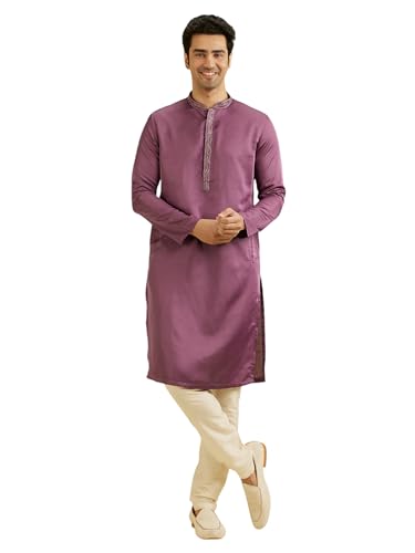 Manyavar Men's Satin Self Design Kurta Set (Purple,XXL)