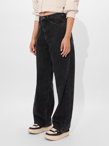 The Souled Store Solids: Charcoal Women and Girls Buttoned Cotton Straight Fit Jeans