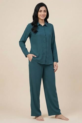 Zivame Mock Linen Woven Loungewear Set,Green