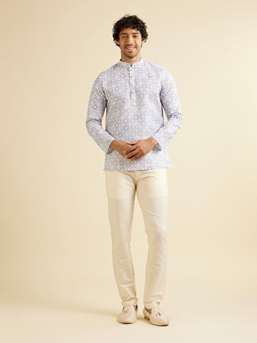Manyavar Men's Cotton Blend Grid Patterned Short Kurta (Light Grey,XL)