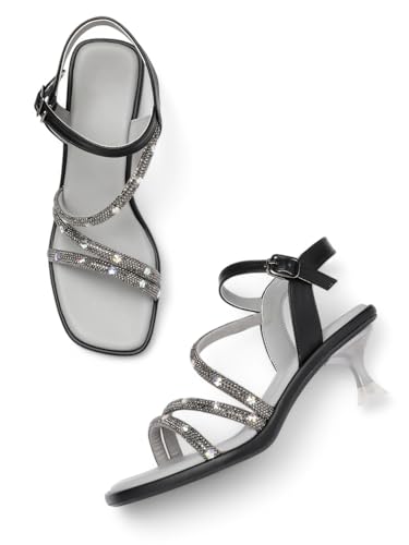 Marc Loire Women Embellished Fashion Sandals with Kitten Heels (Black, UK Footwear Size System, Adult, Women, Numeric, Medium, 4)