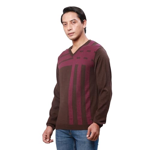 Park Avenue Men's Regular Fit Acrylic Wool Blend Full Sleeve V Neck Checks Pattern Dark Brown Casual Sweater (Size: S)-PCWA00267-O8