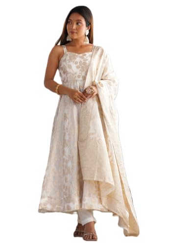 Leeli Peeri Designer Banarasi Jacquard Silk Zari Woven Work Anarkali Kurta Set With Dupatta.