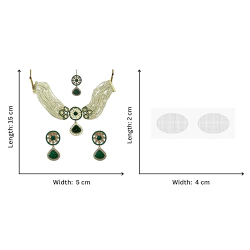 ACCESSHER Pearl & Green Stone & AD Choker Necklace with Maangtikka & Earrings With a Pair of Transparent earrings supporter sticker & Maangtikka Supporter Patch
